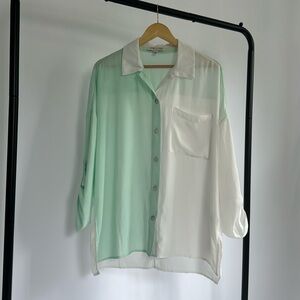 White & Mint Green Sheer Button Down Shirt | Channeling Emily in Paris